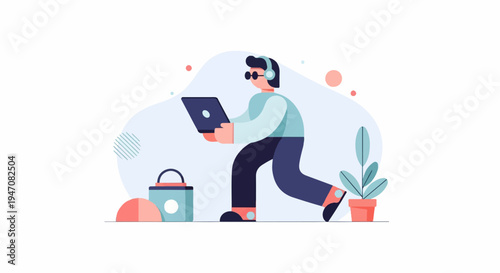 Animated person with headphones and laptop walks past potted plant and bucket