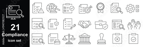 Compliance web icons in line style. Regulations, policy, legal document, quality control, responsibility, law. Editable stroke. Vector illustration.
