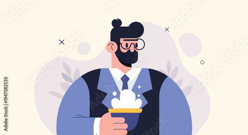 Flat illustration of a man in a suit holding a bowl of white substance