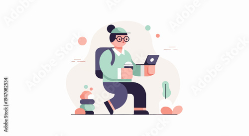Animated person with laptop and coffee walks, carrying backpack