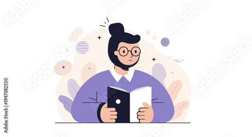 Person wearing glasses reading a book with abstract shapes in background