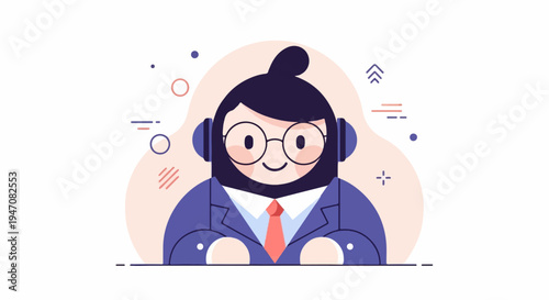 Cheerful person in headphones and suit, with abstract elements