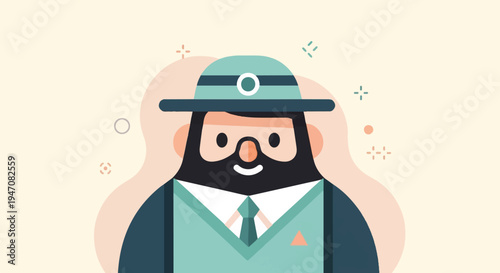 Flat illustration of a bearded person in a hat and vest
