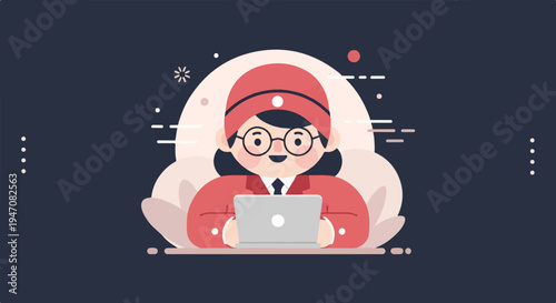 Cheerful person in red outfit with glasses and hat uses a laptop