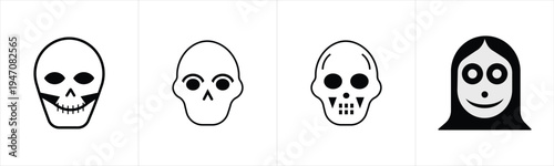 A series of four black and white stylized skull and face icons are displayed in a simple geometric arrangement