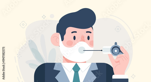 Person in mask wearing suit holds whistle near mouth with testing swab