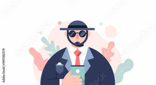 Flat illustration of a man with a hat and sunglasses holding a phone