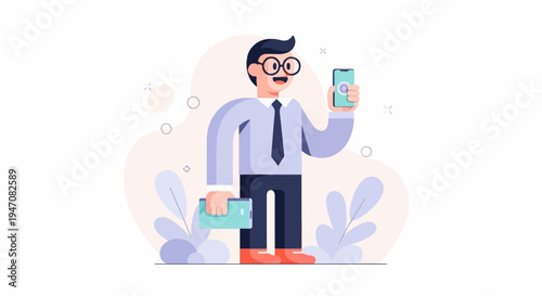 Enthusiastic professional holds smartphone & tablet with playful background elements