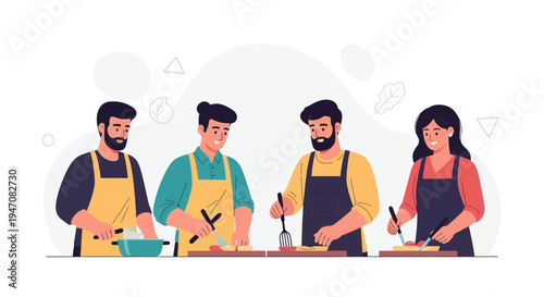 Diverse group of friends cooking together, preparing food in a kitchen, teamwork and culinary fun