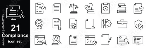 Compliance line icon set highlighting regulatory standards, legal audit, and business policy symbols. Ideal for corporate presentations, app UI, and web design. Fully editable.