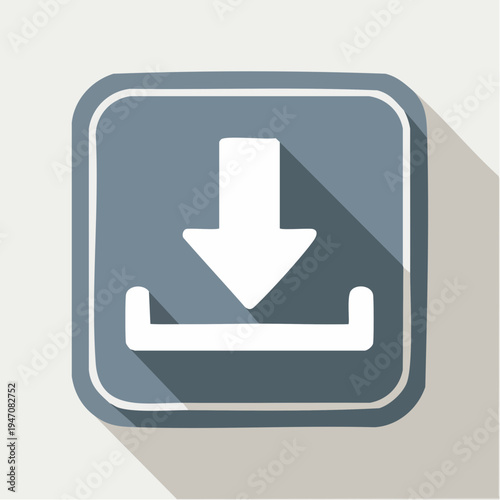 Simple flat design vector illustration of a clean blue grey square icon featuring a white downward arrow pointing towards a receiving tray symbol representing file download.