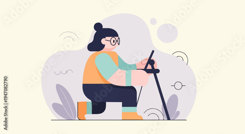 Person in warm clothes doing Nordic walking with poles, flat cartoon style