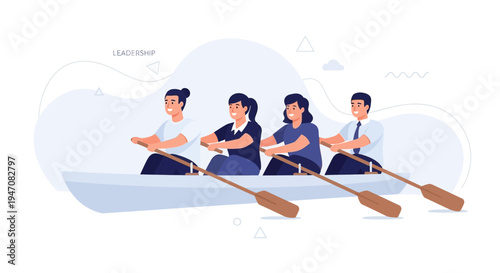 Team rowing together in sync, symbolizing leadership and teamwork
