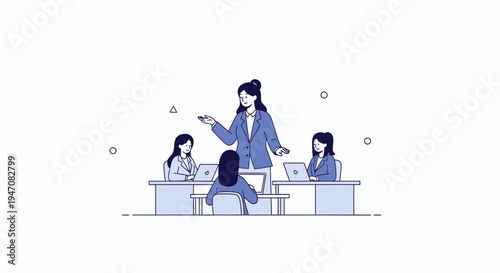Business meeting with diverse team, leader presenting in modern office illustration