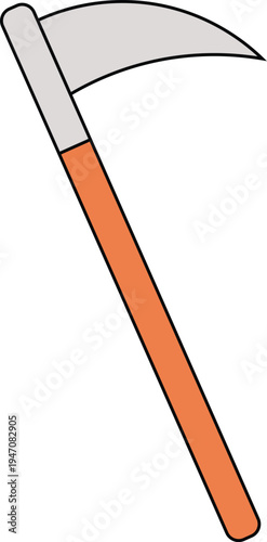 A flat illustration depicts a traditional scythe with a curved metal blade and a long reddish brown wooden handle