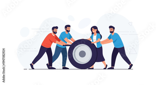 Teamwork pushing large wheel forward, collaboration, business growth concept illustration