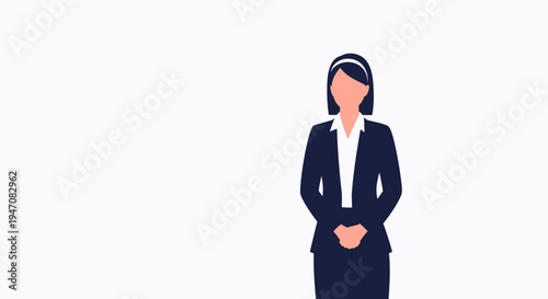 Businesswoman in dark suit, standing with hands clasped, white background