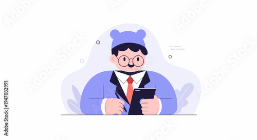 Cartoon person in hat and glasses taking notes on a tablet