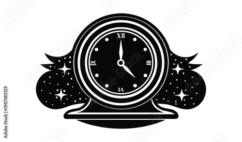 Vintage oval clock face with stars and swirls silhouette