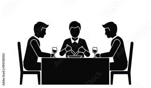 A black silhouette icon featuring three people sitting around a dining table having a meal together