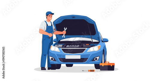 Mechanic standing by blue car.