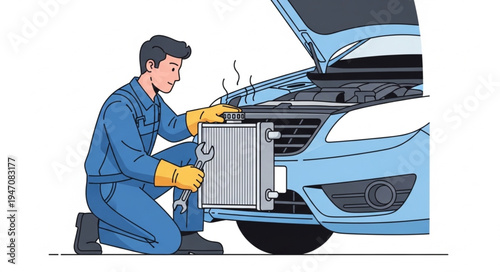 Mechanic replacing car radiator.
