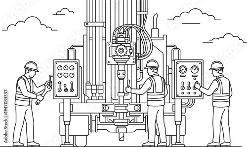 industrial workers operating drilling machine, factory engineers controlling heavy equipment panels manufacturing engineering line illustration