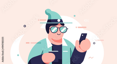 Cartoon figure with glasses, hat, holding phone and coffee