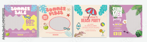 Set of Modern summer tropical backgrounds Layout for summer Promotional social media posts, banners, ads design bundle. summer celebration party social media flyer or poster pack with editable text