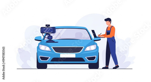 Mechanic standing next to car.