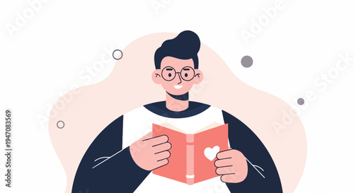 Smiling person with glasses reads a book with a heart emblem