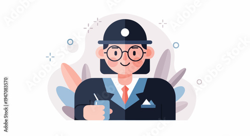 Professional person in suit with hat, holding a cup