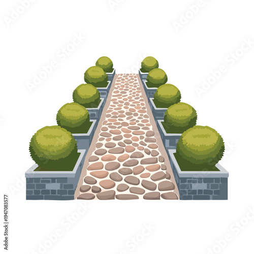 Stone pathway flanked by green shrubs in blue planters against white background