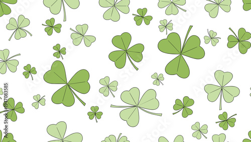 Seamless pattern of light green three leaf clovers and shamrocks of various sizes scattered on a white background for spring designs.