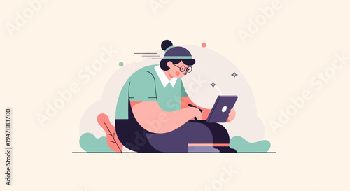 Person using a digital tablet with a stylus, surrounded by abstract shapes