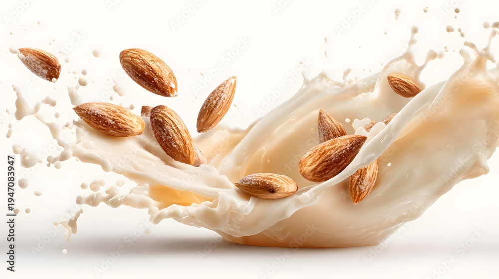 Fototapeta premium Almonds Splashing into Creamy Milk in Dynamic Splash Motion.