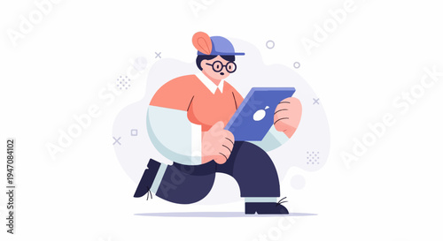 Cartoon character in motion holding a digital tablet device with a stylized apple