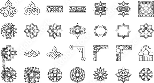 Islamic Ornament and Geometric Decorative Elements Vector Set Featuring Arabesque Floral Motifs, Mosque Arch Corners, Mandala Patterns and Traditional Islamic Design