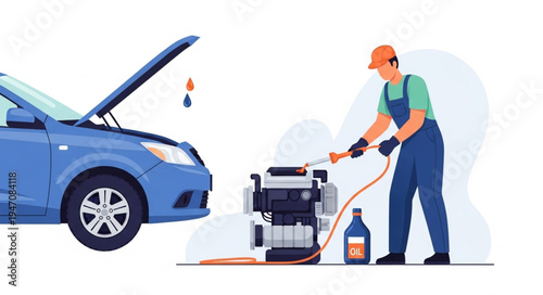 Mechanic using oil pump machine.