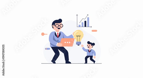 Business colleagues share ideas, discuss growth with laptop and lightbulb