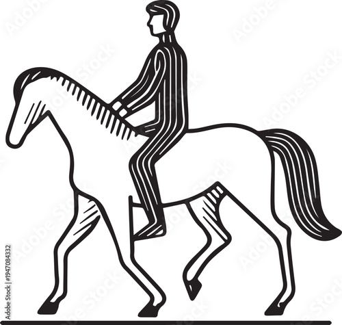 Hand Drawn Man Riding a Horse Black and White Avatar Illustration in Minimal Line Art Style Design