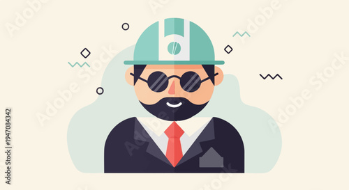 Stylized illustration of a man in a hard hat and suit, with abstract shapes