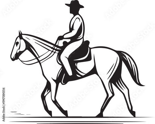 Hand Drawn Man Riding a Horse Black and White Avatar Illustration in Minimal Line Art Style Design
