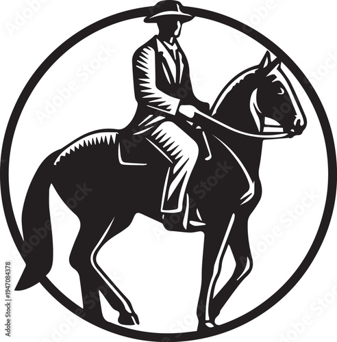 Hand Drawn Man Riding a Horse Black and White Avatar Illustration in Minimal Line Art Style Design