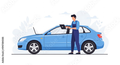 Mechanic with blue car.