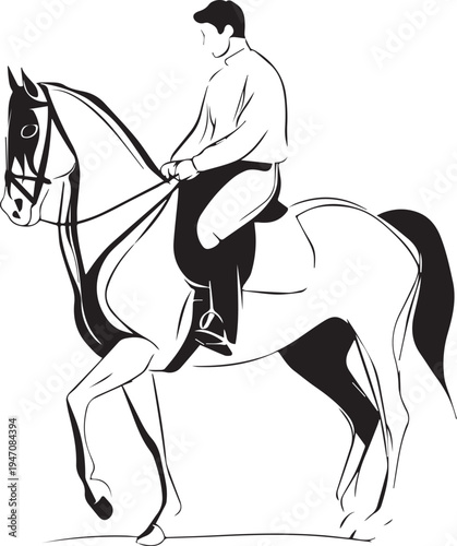 Hand Drawn Man Riding a Horse Black and White Avatar Illustration in Minimal Line Art Style Design