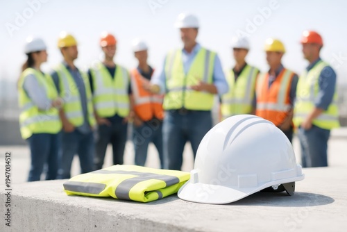 Construction safety briefing with helmet and reflective vest displayed during team meeting on site
