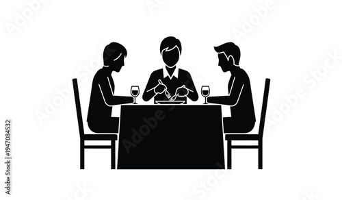 A silhouette illustration of three people sitting at a dining table having a meal together