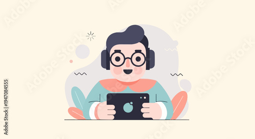 Cheerful person with headphones and tablet, surrounded by abstract shapes and leaves