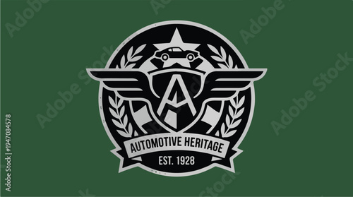 Automotive Heritage Emblem with Vintage Car and Wings.